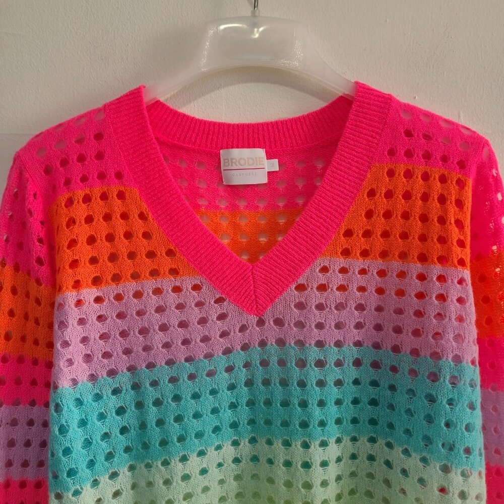 Brodie Cashmere Pointelle Sweater V Neck Multicolor Size M - Picture 6 of 7